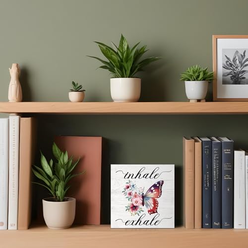 Inhale Exhale Wooden Sign Desk Decor, Funny Butterflies Wood Box Sign Décor for Home Office Farmhouse Bedroom, Yoga Spa Room Decor, Inspirational Gifts for Women Friend Coworker - style: Modern