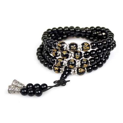 6mm 108 Mala Beads Bracelet Meditation Necklace Obsidian Beaded Prayer Buddhist Healing Stone Tiger Eye Jewelry - color: Om Mani Padme Hum