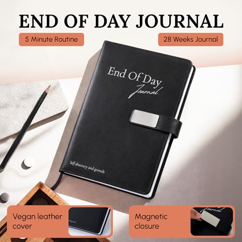 End of Day Journal - 5 Minute Daily Gratitude & Self Reflection Journal for Women & Men 2026, Guided Mindfulness, Productivity & Personal Growth Prompts, Vegan Leather, 120 GSM, Magnetic Closure