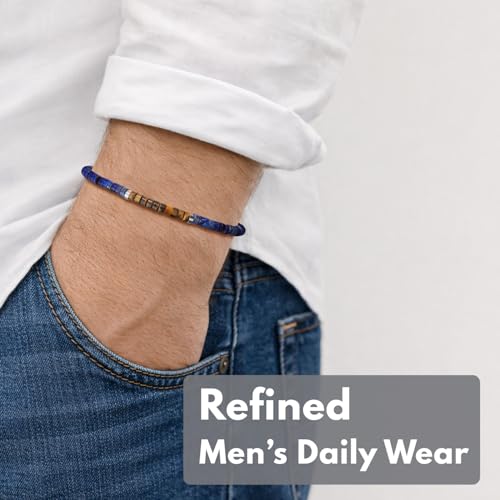 SAMYA Natural Lapis Lazuli Beaded Bracelet for Men – Deep & undyed Lapis Lazuli, 4 ×2mm Heshi Stones, Adjustable Stainless-Steel Clasp