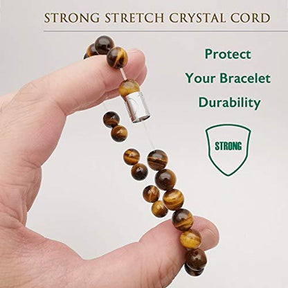 Morchic 8mm Genuine Gemstone Stretch Bracelet for Women Men Unisex, Natural Energy Crystal Stone Beads, Classic Simple Design Cuff Birthday Gift 7.5 Inch - color: Tiger Eye