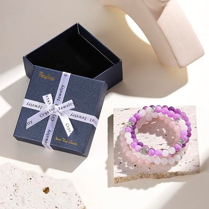 Fengling 4 PCS Beaded Crystal Bracelet for Women 8mm Natural Gemstones Handmade Bracelet for Girls Healing Stretch Bracelets Crystal Jewelry for Women Gifts - color: Lilac Jade &Natural Pink Crystal&Amethyst