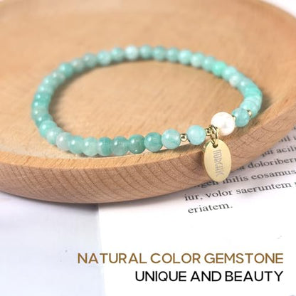 Morchic 4mm Natural Gemstone Beads Stretch Bracelet for Women, With Freshwater Pearls, Energy Gem Birthday Gift for Her 7.2” - color: Amazonite