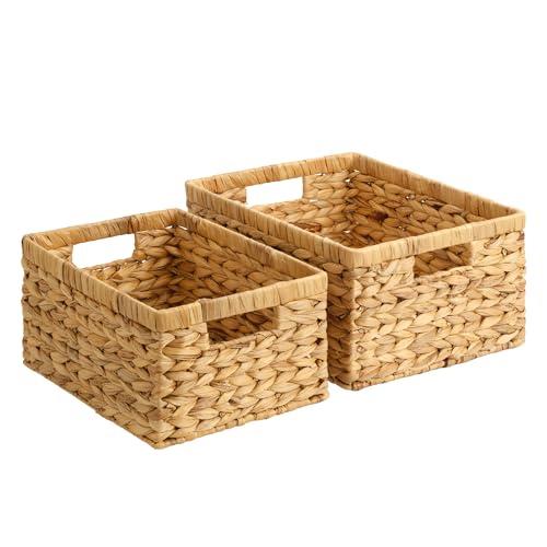 StorageWorks Wicker Storage Baskets, Handwoven Water Hyacinth Basket for Organizing, Decorative Organizers with Built-in Handles, Set of 2 - color: Natural (Water Hyacinth), size: 15"L x 11½"W x 7"H + 13"L x 9"W x 6¼"H