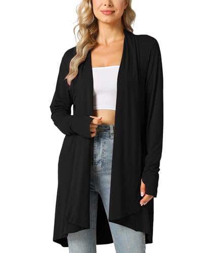 LazyCozy Women's Lightweight Long Sleeve Draped Cardigan Slouchy Open Front Cover Up Stretch Jersey Sweater - color: Black, size: Small