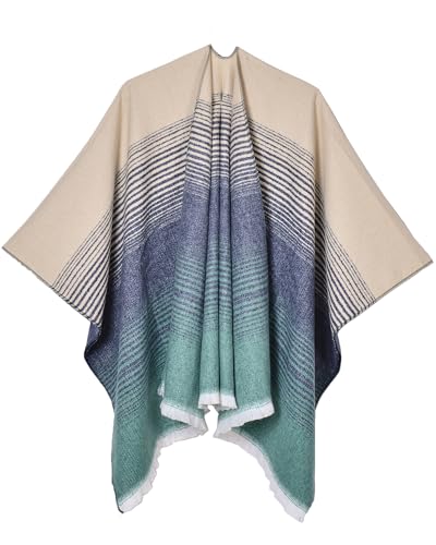 Women's Shawls and Wraps Open Front Poncho Cape Winter Sweater - color: P12-gradient Lake Blue