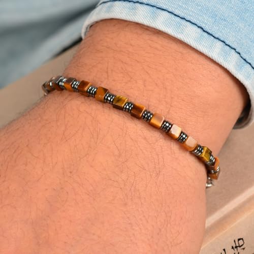 Tiger's Eye Hematite Beaded Bracelet for Men, Square Stone Adjustable Stainless Steel Chain, Handmade Stylish Jewelry Gift for Dad, Husband, Son & Friend