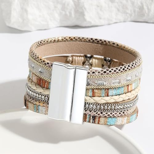 Fesciory Leopard Bracelet for Women, Boho Leather Wrap Multi-Layer Pearl Crystal Bracelet Bangle Jewelry - style: Boho(Khaki)