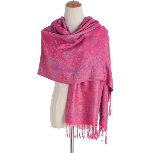 Paisley Pashmina Rave Shawl Scarf-Women's Reversible Ethnic Jacquard Pashmina Wraps for Travel - color: A#. Fuchsia
