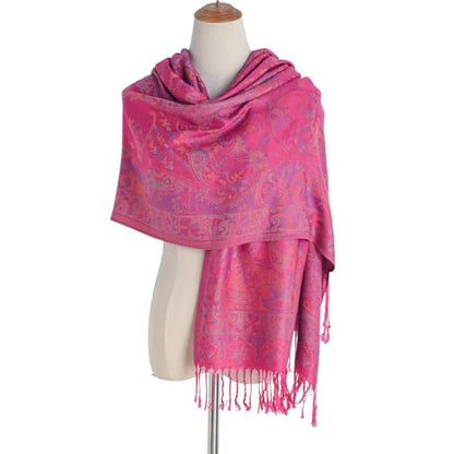 Paisley Pashmina Rave Shawl Scarf-Women's Reversible Ethnic Jacquard Pashmina Wraps for Travel - color: A#. Fuchsia