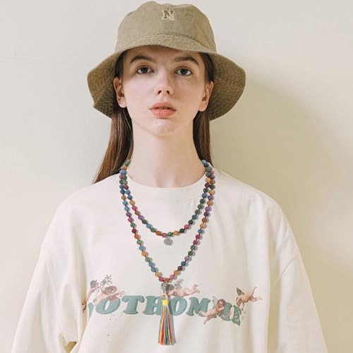 108 Mala Beads Necklace Semi-Precious Gem Stones Meditation Necklace 108 Hand Knotted Japa Mala Beaded Tassel Necklace with Tree of Life Pendant - color: Tourmaline
