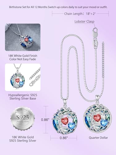 TOUPOP s925 Sterling Silver Family Celtic Tree of Life Pendant Necklaces with 2 Heart Birthstone with Blue Austrian Crystal Jewelry Birthday Valentines Day Gifts for Her, Anniversary Christmas Gifts for Wife Girlfriend Mom (18K Real White Gold Filled) - c