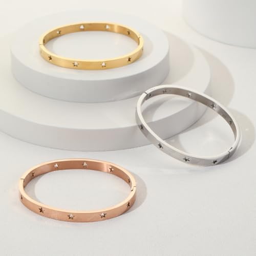 Gold Bangle for Women - 18K Gold Plated Stainless Steel Love Friendship Crystal Bracelets with Cubic Zirconia - color: star bangle - silver