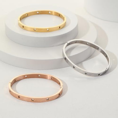 Gold Bangle for Women - 18K Gold Plated Stainless Steel Love Friendship Crystal Bracelets with Cubic Zirconia - color: star bangle - silver