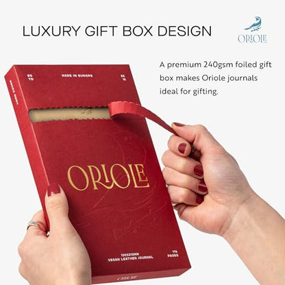 Oriole Vegan Leather Ruled Notebook - Walnut Cream | 176 Pages of Thick Lined Paper | Soft Touch Hardcover Journal (5 x 8 in) with Gold Foil Bird Design & Luxury Gift Box - color: Walnut Cream