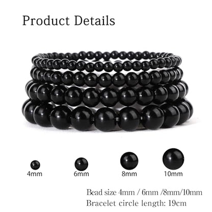 4pcs Beaded Bracelets for Women,Natural Healing Crystal Gemstones Bracelet,Anxiety Stress Relief Bracelet Handmade purple Jewelry Gifts for Women - color: Black Obsidia
