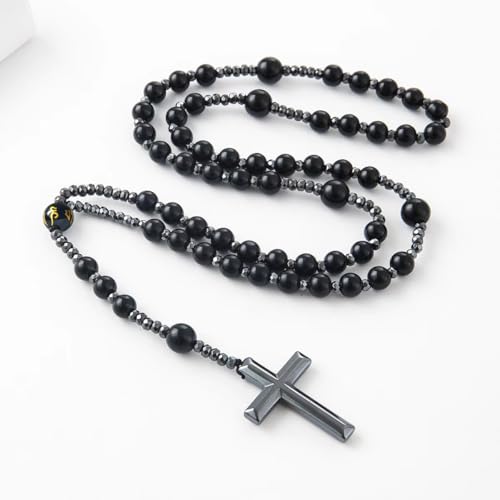 LIYAPEI Triple Protection Necklace with Tiger Eye, Obsidian, and Hematite - Stylish Men's Cross Necklace and Women's Y-Shaped Sweater Chain An Anxiety Relief Beaded Necklace. - color: Black Obsidian