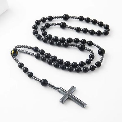LIYAPEI Triple Protection Necklace with Tiger Eye, Obsidian, and Hematite - Stylish Men's Cross Necklace and Women's Y-Shaped Sweater Chain An Anxiety Relief Beaded Necklace. - color: Black Obsidian