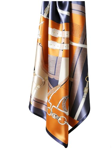 100% Mulberry Silk Oversized Women’s Sun-Shielding Shawl Formal Evening Neckwear Featherlight Airy - color: N17-blue-orange Wrap（69" X 21"inch）