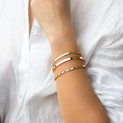 Dainty Gold Bracelet for Women Stack, Thin Bracelets Stackable Set with Bangle Cuff, Box, Herringbone, Paperclip, Figaro, Sparkling Link Chains Waterproof, Simple Jewelry Gifts for Women Non Tarnish - color: style 04-gold