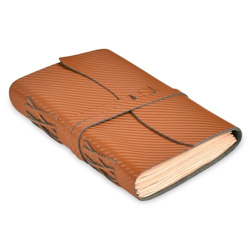 LEATHER VILLAGE Carbon Fiber Genuine Leather Bound Journal - 7'' x 5'', 220 Pages - Vintage Blank Paper Diary for Writing, Drawing, Sketchbook, and Travel Notebook - Ideal for Women and Men- Tan - color: Carbon Tan, size: 7 inches X 5 inches