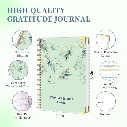 The Gratitude Journal for Women & Men, Hardcover Spiral 5 Minute Daily Gratitude Journal for More Happiness, Optimism, Affirmation & Reflection with Prompts & Quotes, Undated Daily Journals(93 pages / 3 months supply) Gifts - color: Green