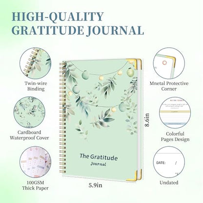 The Gratitude Journal for Women & Men, Hardcover Spiral 5 Minute Daily Gratitude Journal for More Happiness, Optimism, Affirmation & Reflection with Prompts & Quotes, Undated Daily Journals(93 pages / 3 months supply) Gifts - color: Green