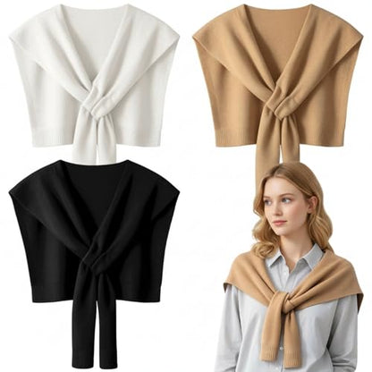 Janmercy 3 Pack Sweater Shawl Wraps for Women Knitted Striped Casual Shawls Knotted Scarves Bulk Cape Shoulder Fashion Wrap - color: Black White Camel