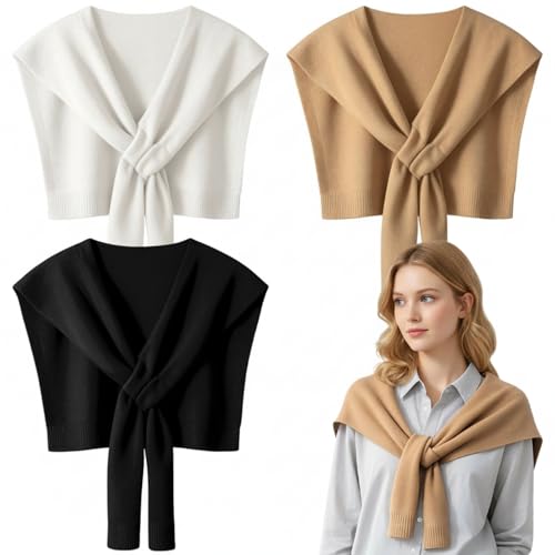 Janmercy 3 Pack Sweater Shawl Wraps for Women Knitted Striped Casual Shawls Knotted Scarves Bulk Cape Shoulder Fashion Wrap - color: Black White Camel