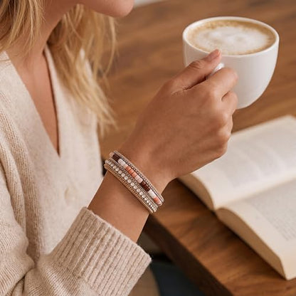 Edoneery Leather Wrap Bracelet for Women, Boho Handmade Multi-Layer Cuff with Crystal Beads Heart, Stackable Bangle Western Jewelry Gift - style: Rhinestone(Boho)