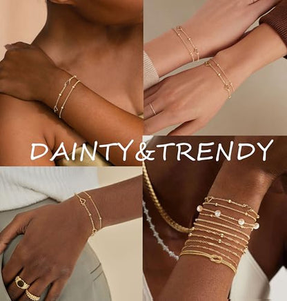 KOHOTA Silver Gold Bracelets for Women Trendy 14K Gold Plated Bracelet for Women Non Tarnish Dainty Stackable Layered Chain Heart Pearl Knot Beaded Bracelets Stack Set Charm Mothers Day Jewelry Gifts - color: C.Heart-gold
