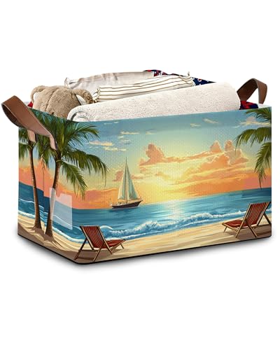 Tropical Palm Tree Storage Basket with Handles,Sunset Beach Collapsible Rectangle Organizer Bin for Room Decoration Books Box Baskets 17x11.5x10Inch - color: Tropical Palm Tree Sunset Beach