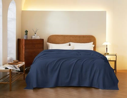 100% Cotton Waffle Blanket (Navy Blue - Queen Size - 90 * 90''), Pre-Washed and Anti-Shrinkage Soft Lightweight Bed & Couch Blanket, 380 GSM Waffle Weave Throw Blanket for All Seasons - color: Navy Blue, size: Queen (90"*90")