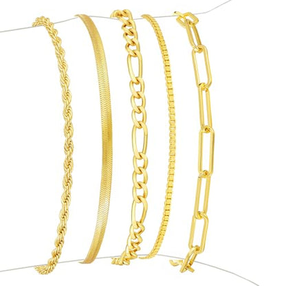 Gold Bracelets for Women, 14K Gold Plated Stackable Bracelet Stack Set Adjustable Charm Paperclip Chain Snake Link Layered Waterproof Jewelry Sets Gifts - style: Bracelets Set /1