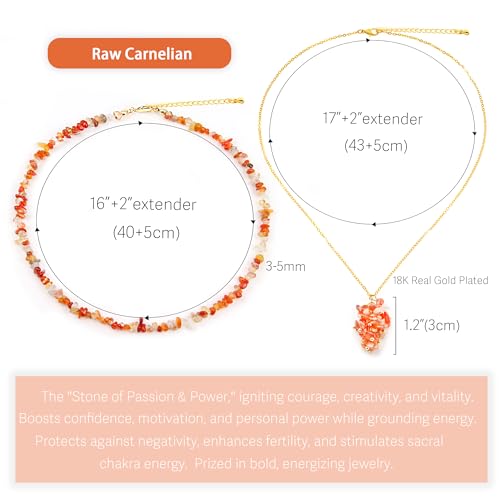 2Pcs Crystal Necklace for Women Handmade Choker Necklaces Pendant Necklace Natural Stone Gemstone Beaded Necklace 18k Gold Plated Adjustable Dainty Necklace for Women - color: Carnelian