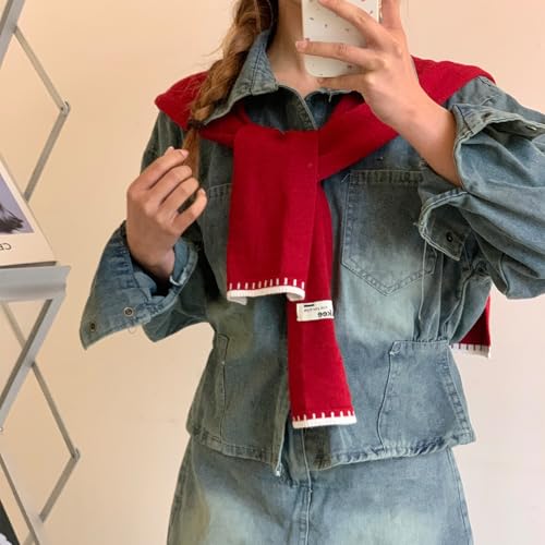 Sweater Shawl Wraps for Women Fashion Knitted Shoulder Shawls Ponchos Casual Sweaters Scarf Cape Wraps with Sleeves - color: 13 Brike Red/White Edge