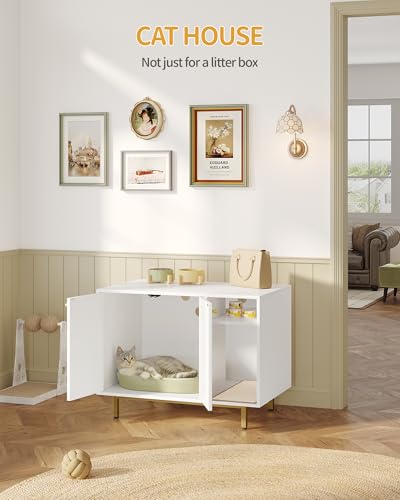Hzuaneri Cat Litter Box Enclosure,Hidden Litter Box Furniture with Storage, Large Wooden Cabinet with Sisal Mat, Modern Cat Washroom for Living Room, Bedroom, Entryway, White and Gold 01503GCLB - color: White and Gold