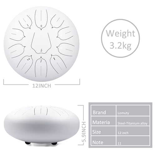 Steel Tongue Drum 12 Inch 11 Notes for Adults - Ethereal Metal Instrument for Meditation & Yoga with Music Book, Mallets & Carry Bag (White) - color: White