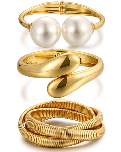Chunky Gold Bangle Bracelets for Women, Dainty 14k Gold Plated Big Stackable Bangles Set, Trendy Statement Cuff Bracelet Stack Fashion Jewelry Gifts - style: Big pearl bangles