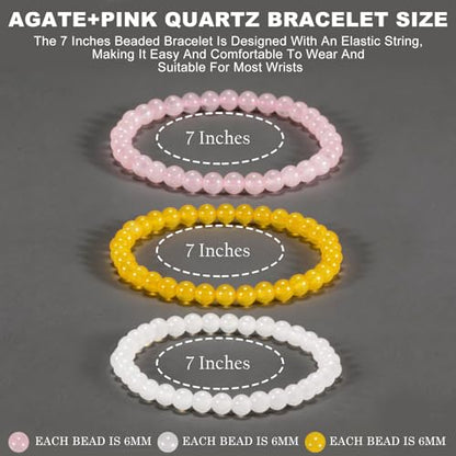 3PCS Agate Bracelet for Women Men Natural Round Beaded Agates Stone Healing Stretch Bracelets Elastic Handmade Polished Gemstone Beads Bracelet - color: White+Pink+Yellow