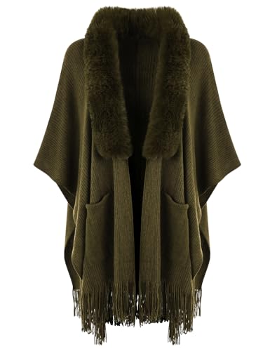 Ferand Shawl Wraps for Women, Cozy Lightweight Poncho Cape with Pockets, Warm for Fall Winter Travel - color: Army Green With Faux Fur Collar