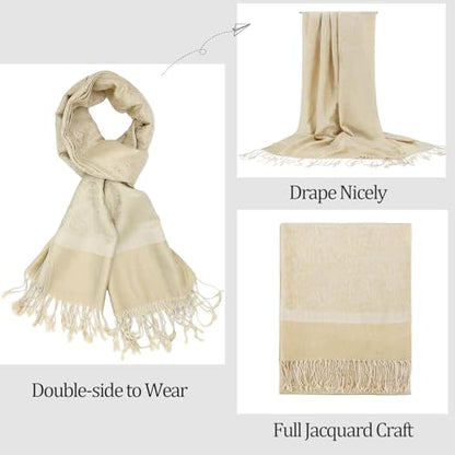 Silky Paisley Pashmina Shawl Scarf-Women's Soft Double-side Jacquard Pashminas Wrap for Evening Dress Travel Shawl - color: A-champagne Gold