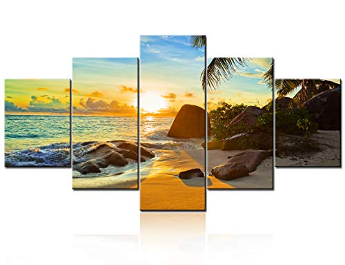 5 Panel Canvas Wall Art Beach Sunset Caribbean Tropical Palm Tree Picture Prints, Blue Seascape Beach Large Size Ocean Painting Framed Panoramic for Living Room Bedroom Home Office Decor - 60"W x 32"H - color: Artwork-13, size: 60"W x 32"H