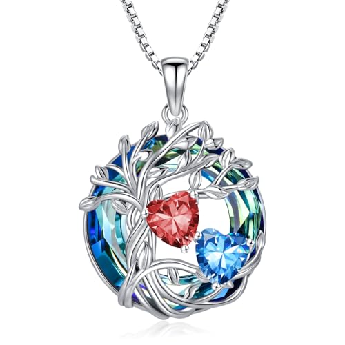 TOUPOP s925 Sterling Silver Family Celtic Tree of Life Pendant Necklaces with 2 Heart Birthstone with Blue Austrian Crystal Jewelry Birthday Valentines Day Gifts for Her, Anniversary Christmas Gifts for Wife Girlfriend Mom (18K Real White Gold Filled) - c