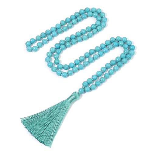 8MM Beads Chakra Long Mala Necklace Natural Stone Meditation Statement Necklace Japa Yoga Buddhist Rosary Prayer Charm Beaded Tassel Necklace - color: Turquoise