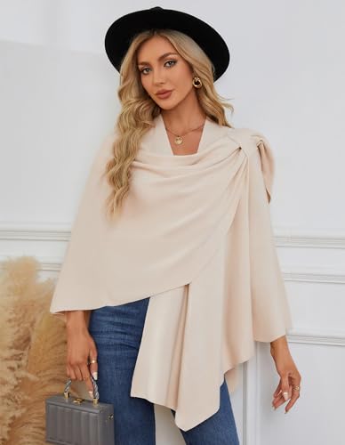 PULI Womens Large Cross Front Poncho Sweater Wrap Topper Knitted Elegant Shawls Cape for Fall Winter - color: 1-beige