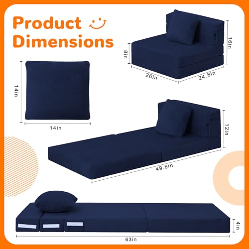 MeMoreCool Foldable Futon Chair Bed for Kids, Toddler Sofa Mattress, Convertible Foam Floor Couch, Tri-fold Sleeping Mattress (Navy) - color: Navy