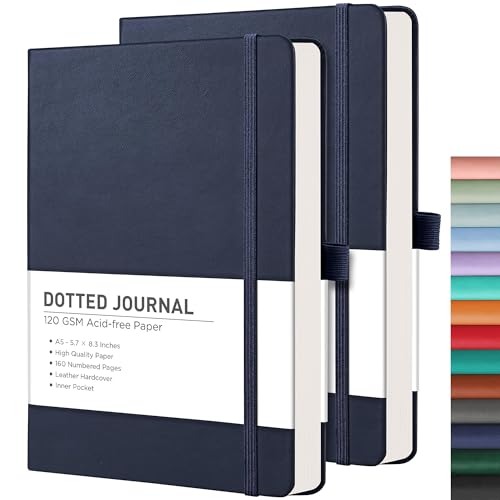 RETTACY Dotted Journal Notebook, 2-Pack, 160 Numbered Pages per Pack, A5 Medium Size (5.7'' x 8.3''), 120 GSM Thick Paper, Leather Hardcover, for Journaling (Navy Blue & Navy Blue) - color: Navy Blue & Navy Blue, style: Dotted