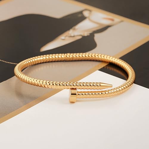 18K Gold Plated Open Cuff Bangle for Women Statement Brushed/Hammered/Textured Bracelet Layering Jewelry Love Gift for Her - style: Screw Nail Bangle