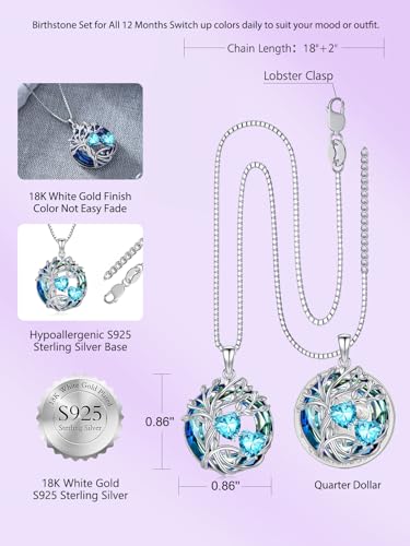 TOUPOP s925 Sterling Silver Family Celtic Tree of Life Pendant Necklaces with 2 Heart Birthstone with Blue Austrian Crystal Jewelry Birthday Valentines Day Gifts for Her, Anniversary Christmas Gifts for Wife Girlfriend Mom (18K Real White Gold Filled) - c
